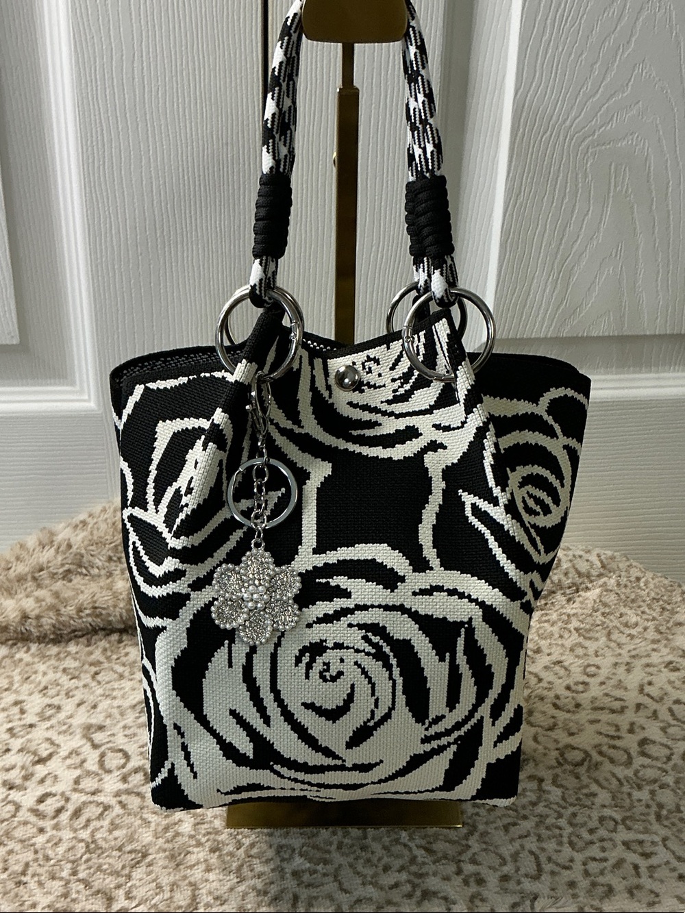 Black & White Floral Tote Bag with Flower Rhinestone Charm